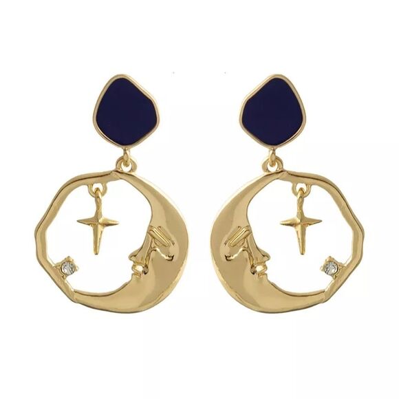Moon Cross Blue Enamel Stone Crystal Gold Drop Statement Earrings - Picture 1 of 7